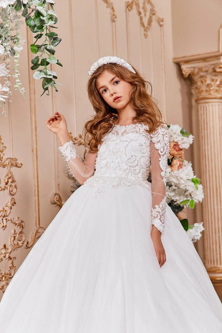 Sunnypetal White Lace Long Sleeve First Communion Dress with Pearls and Rhinestones