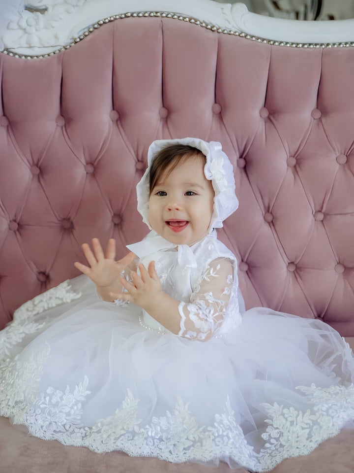 Sunnypetal White Lace Long Sleeves Ankle-Length Baptism Dress for Baby Girl