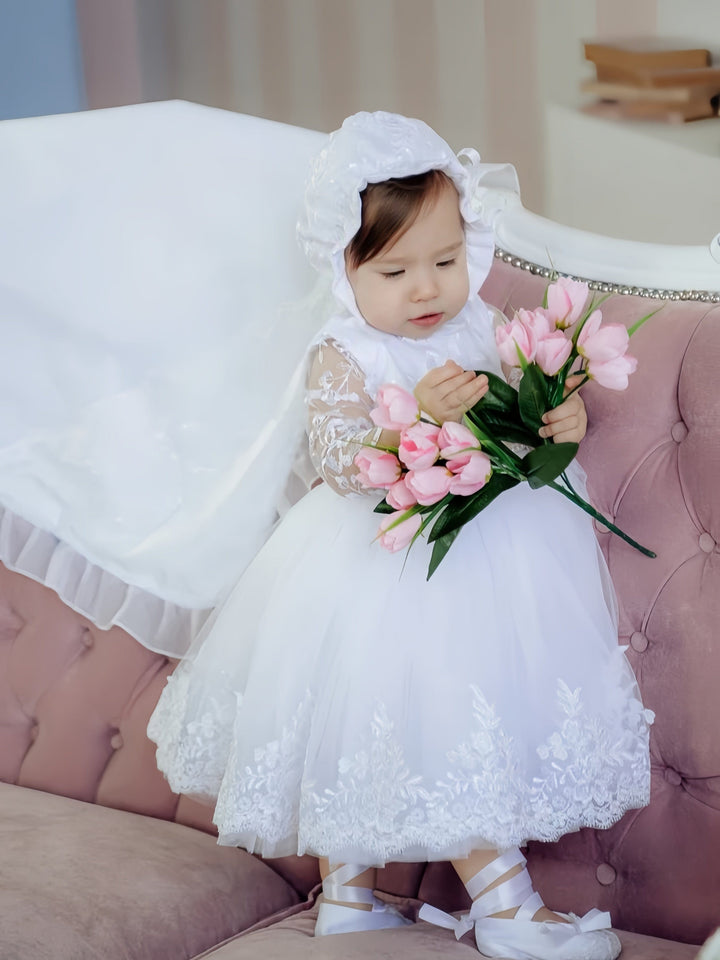 Sunnypetal White Lace Long Sleeves Ankle-Length Baptism Dress for Baby Girl