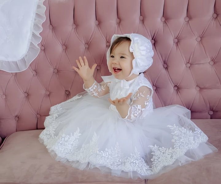 Sunnypetal White Lace Long Sleeves Ankle-Length Baptism Dress for Baby Girl