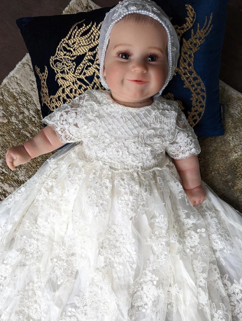 Sunnypetal White Lace Pearls Baby Girls Baptism Dress Christening Gown
