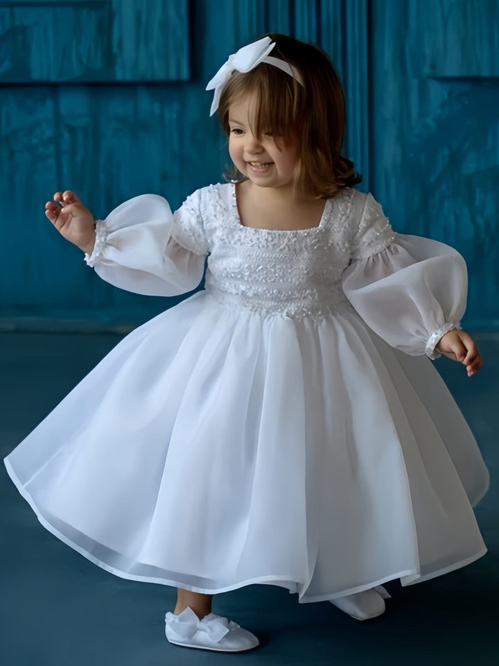 Sunnypetal White Puff Long Sleeves Square Neck Christening Dresses for Baby Girls