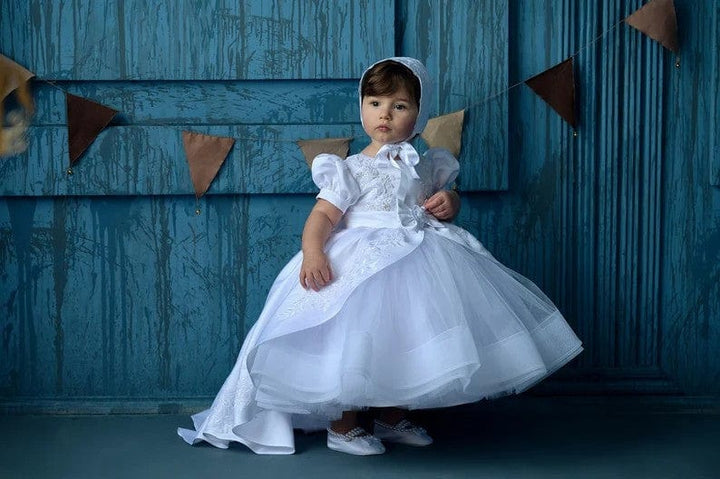 Sunnypetal White Puff Sleeves Baby Toddler Girl Baptism Dress with Train