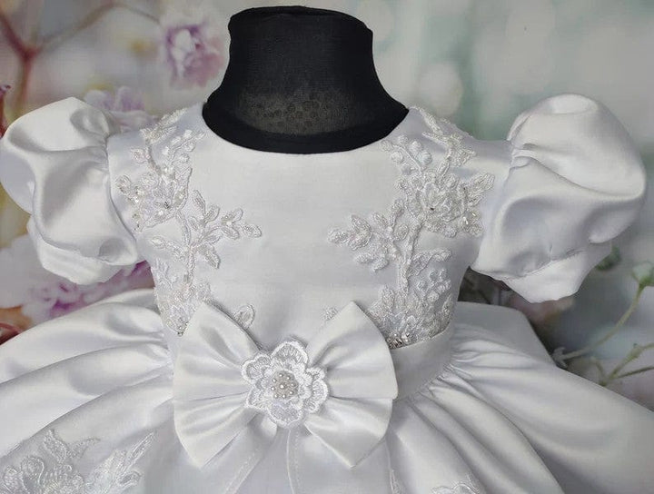 Sunnypetal White Puff Sleeves Baby Toddler Girl Baptism Dress with Train