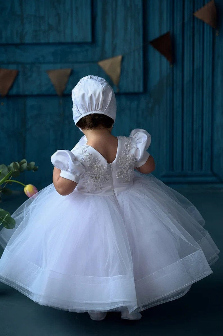Sunnypetal White Puff Sleeves Baby Toddler Girl Baptism Dress with Train