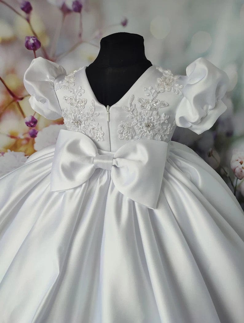 Sunnypetal White Puff Sleeves Baby Toddler Girl Baptism Dress with Train