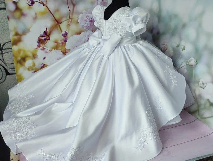 Sunnypetal White Puff Sleeves Baby Toddler Girl Baptism Dress with Train