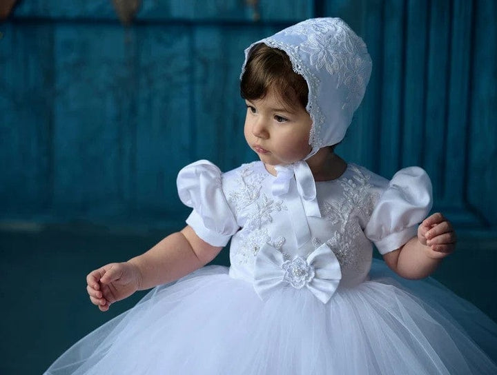 Sunnypetal White Puff Sleeves Baby Toddler Girl Baptism Dress with Train