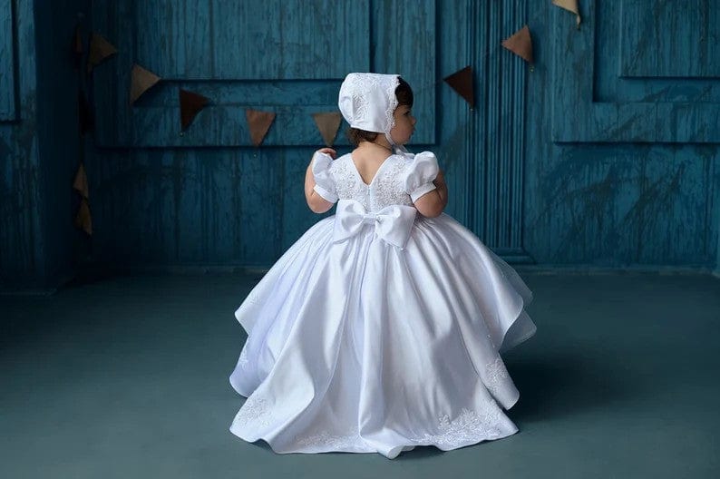 Sunnypetal White Puff Sleeves Baby Toddler Girl Baptism Dress with Train
