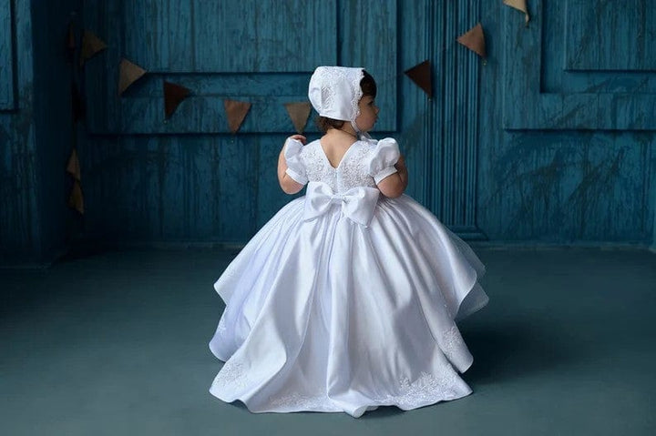 Sunnypetal White Puff Sleeves Baby Toddler Girl Baptism Dress with Train