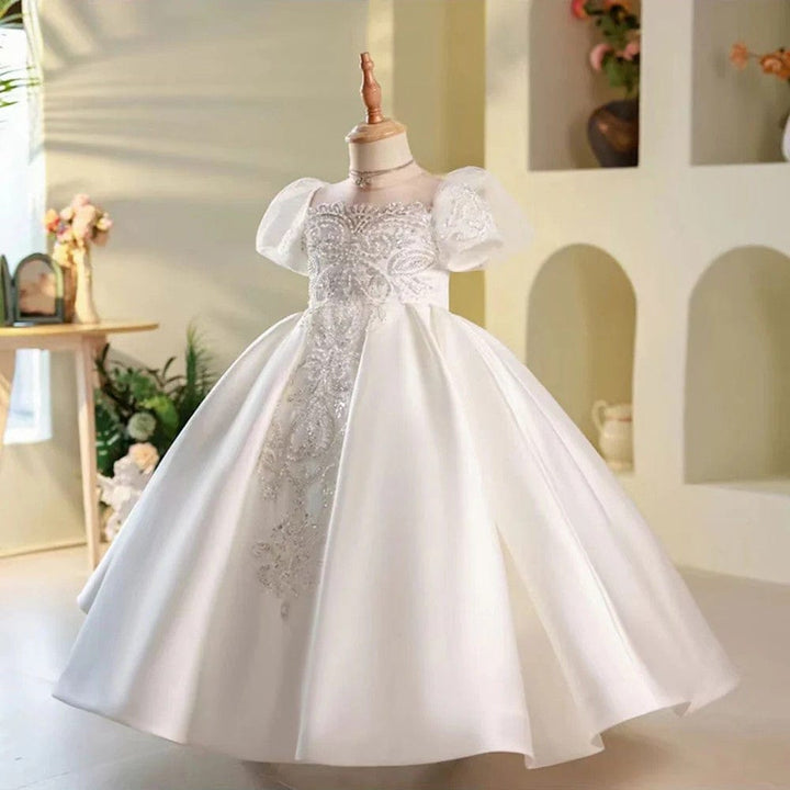 Sunnypetal White Satin Ankle-Length Flower Girl Dresses with Beaded and Sequin