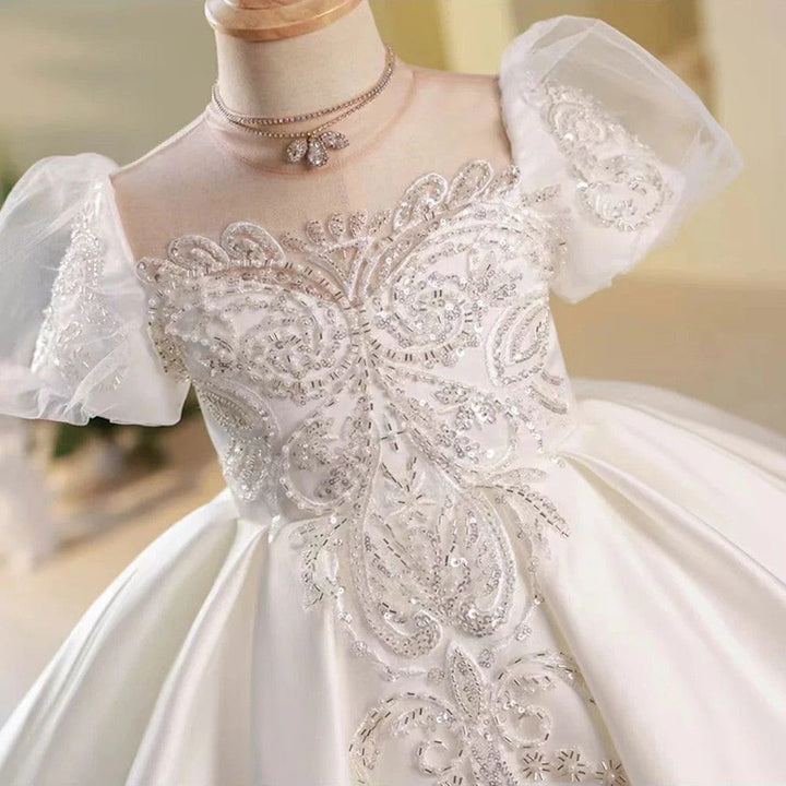 Sunnypetal White Satin Ankle-Length Flower Girl Dresses with Beaded and Sequin