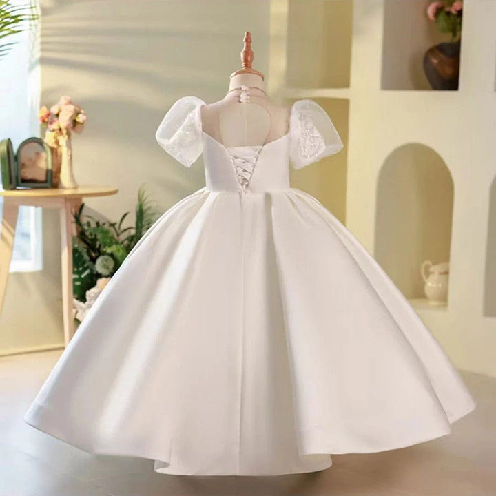 Sunnypetal White Satin Ankle-Length Flower Girl Dresses with Beaded and Sequin