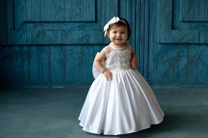 Sunnypetal White Satin Sleeveless Pearls Big Bow Baptism Baby Girl Dress