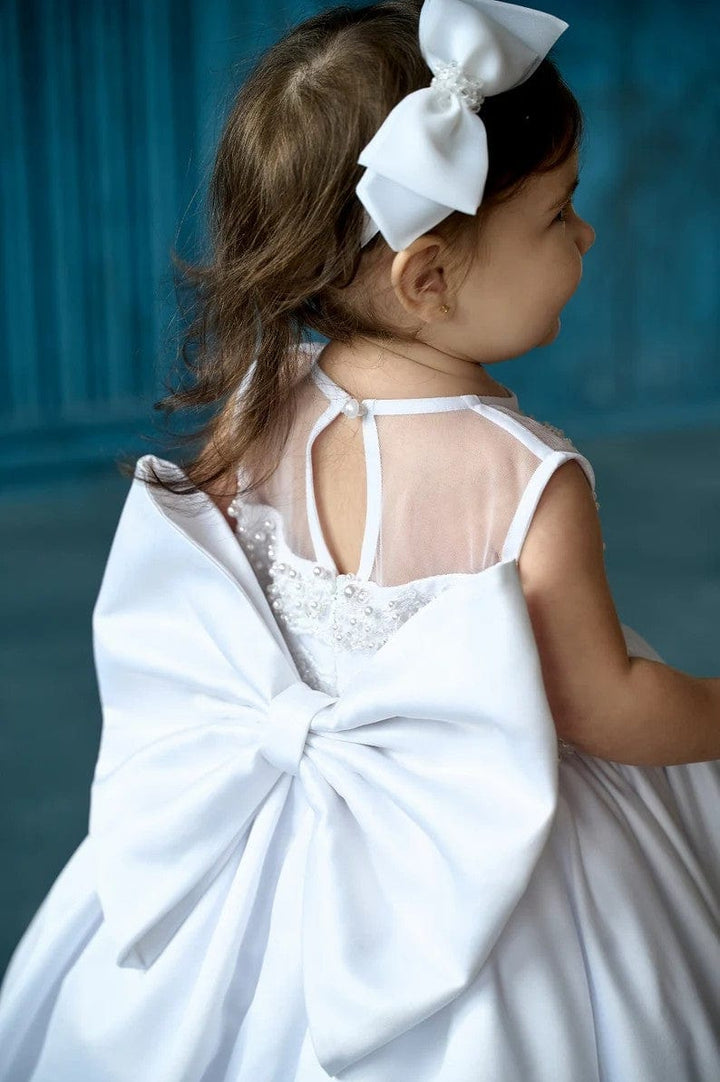 Sunnypetal White Satin Sleeveless Pearls Big Bow Baptism Baby Girl Dress