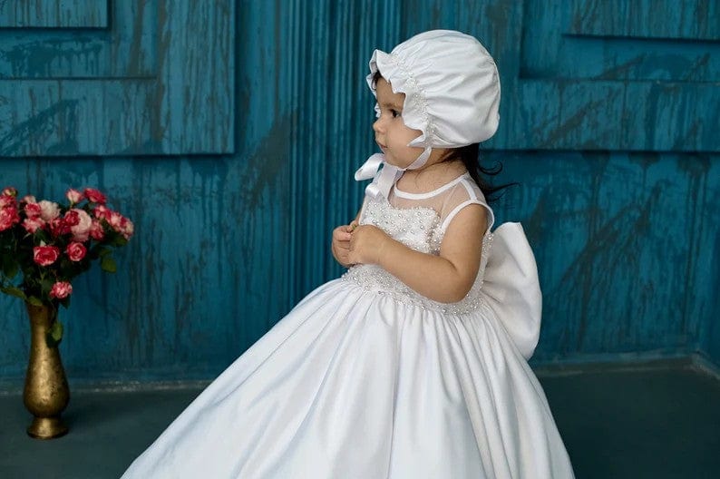 Sunnypetal White Satin Sleeveless Pearls Big Bow Baptism Baby Girl Dress