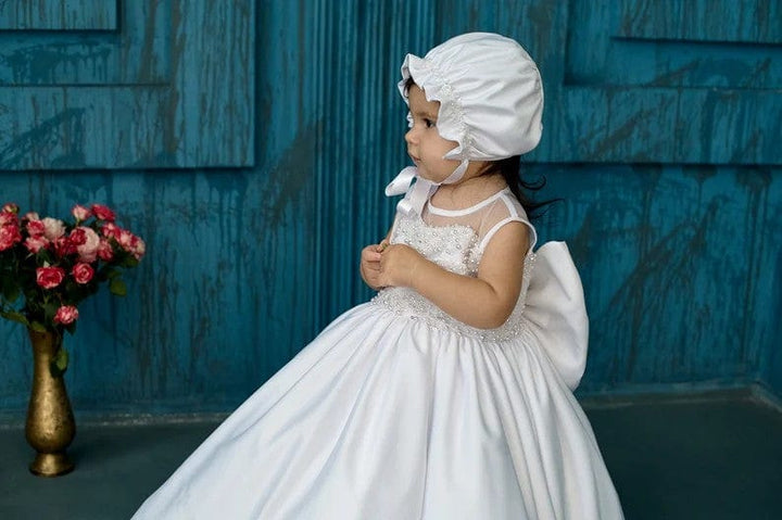 Sunnypetal White Satin Sleeveless Pearls Big Bow Baptism Baby Girl Dress