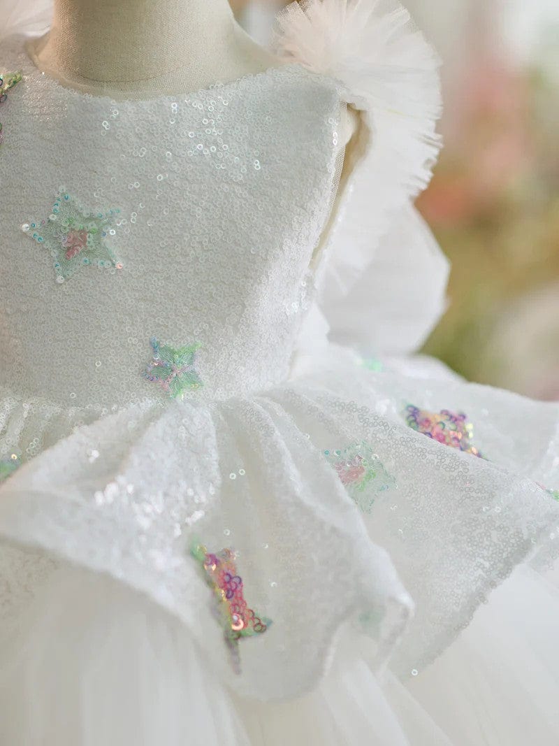 Sunnypetal White Sequin Princess Knee-Length Birthday Party Flower Girl Dresses
