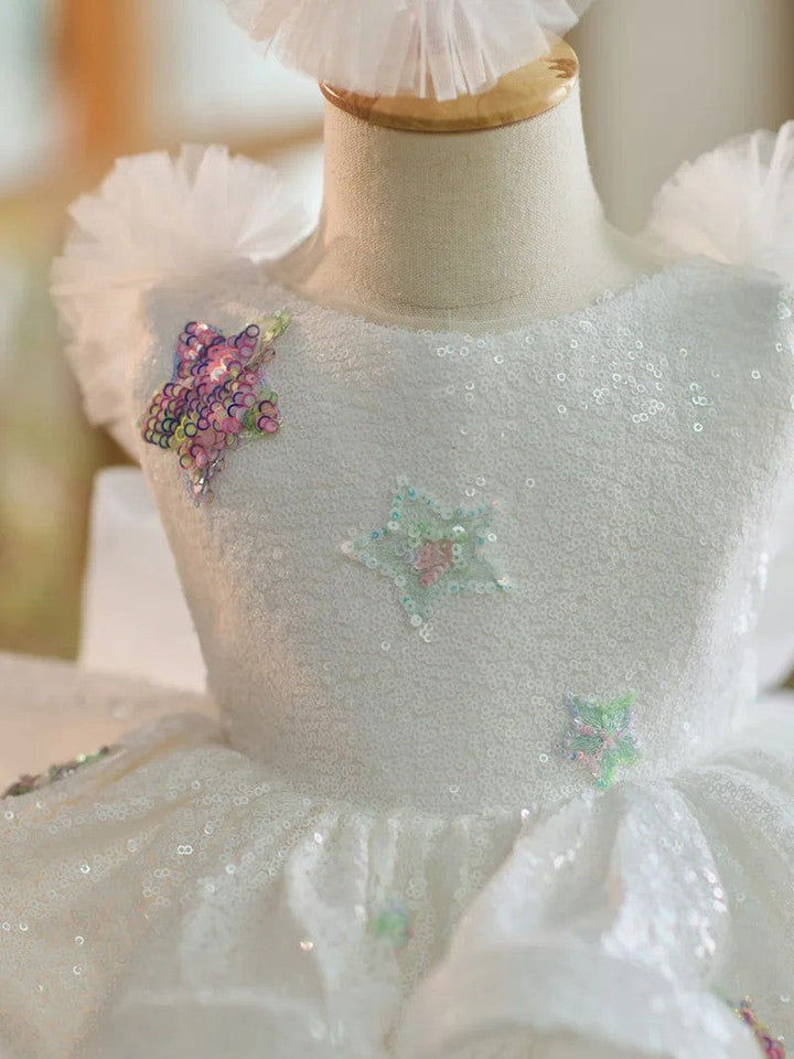 Sunnypetal White Sequin Princess Knee-Length Birthday Party Flower Girl Dresses