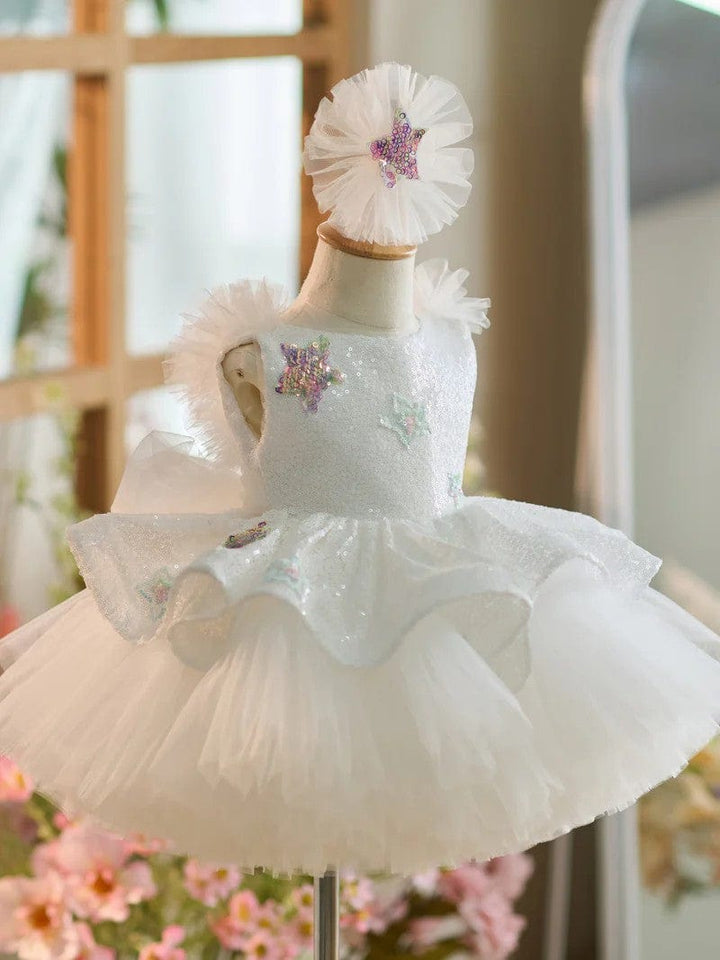 Sunnypetal White Sequin Princess Knee-Length Birthday Party Flower Girl Dresses