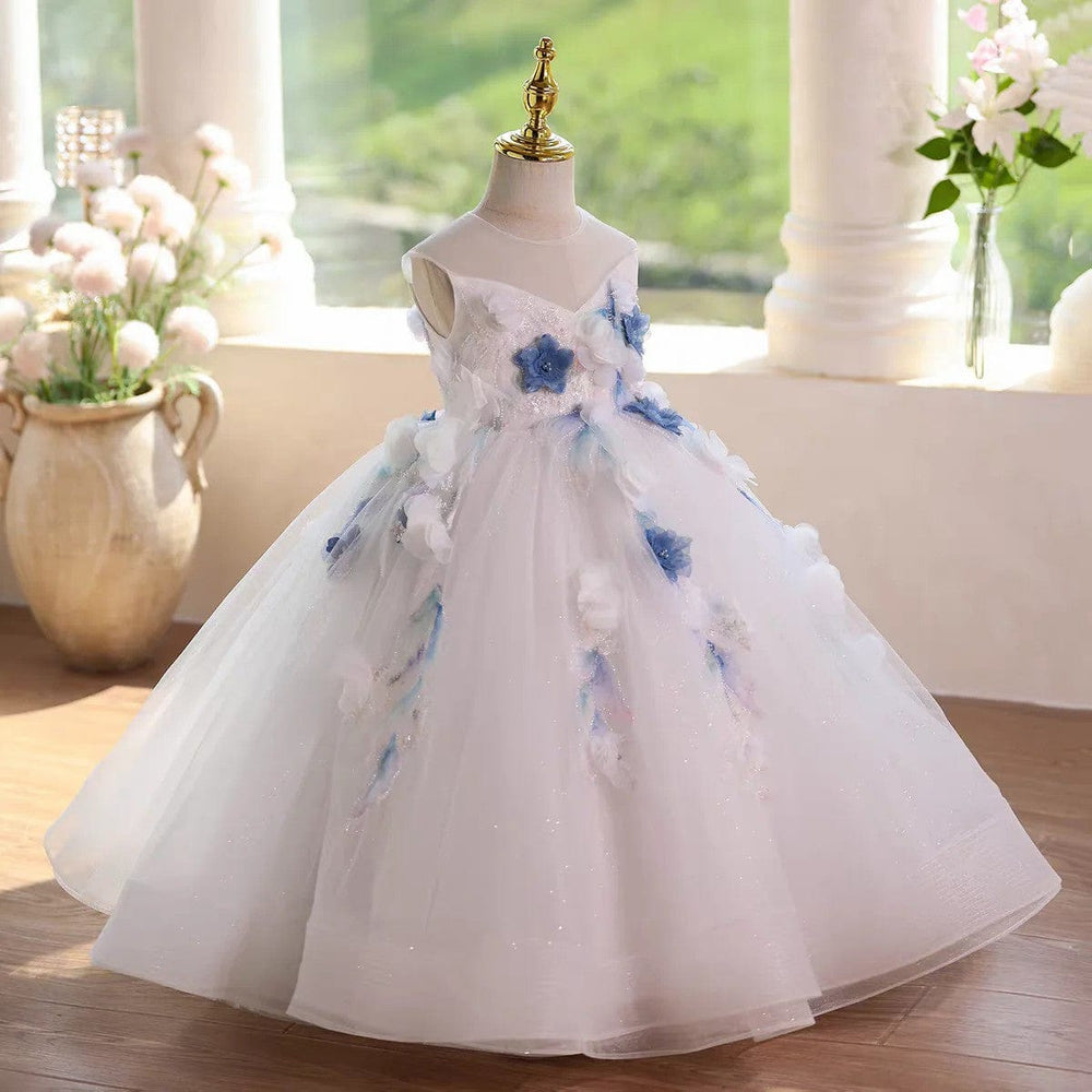 Sunnypetal White Sleeveless Flower Girl Gown with 3D Floral and Pearls