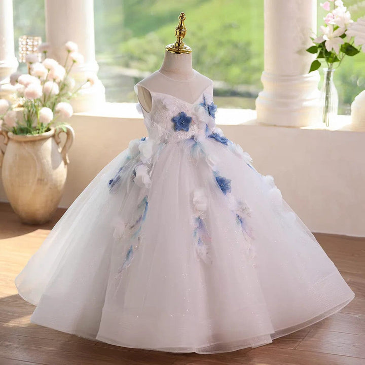 Sunnypetal White Sleeveless Flower Girl Gown with 3D Floral and Pearls