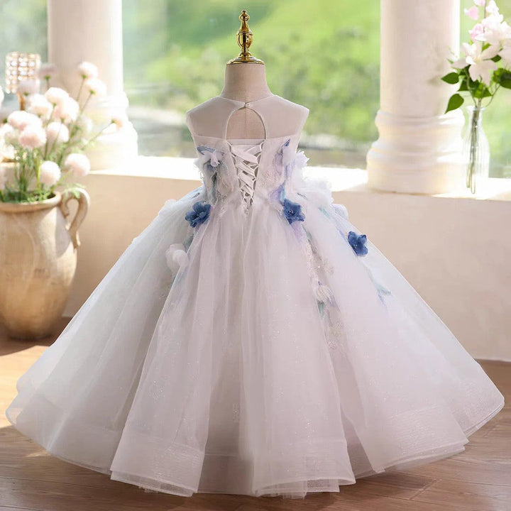 Sunnypetal White Sleeveless Flower Girl Gown with 3D Floral and Pearls
