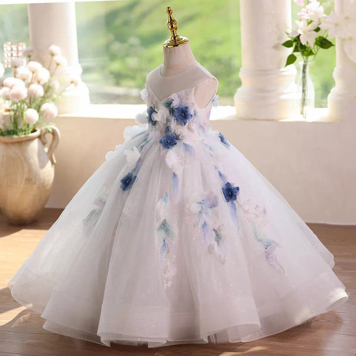 Sunnypetal White Sleeveless Flower Girl Gown with 3D Floral and Pearls
