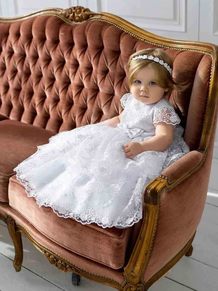 Sunnypetal White Soft Lace Layered Baby Girl Baptismal Christening Dress