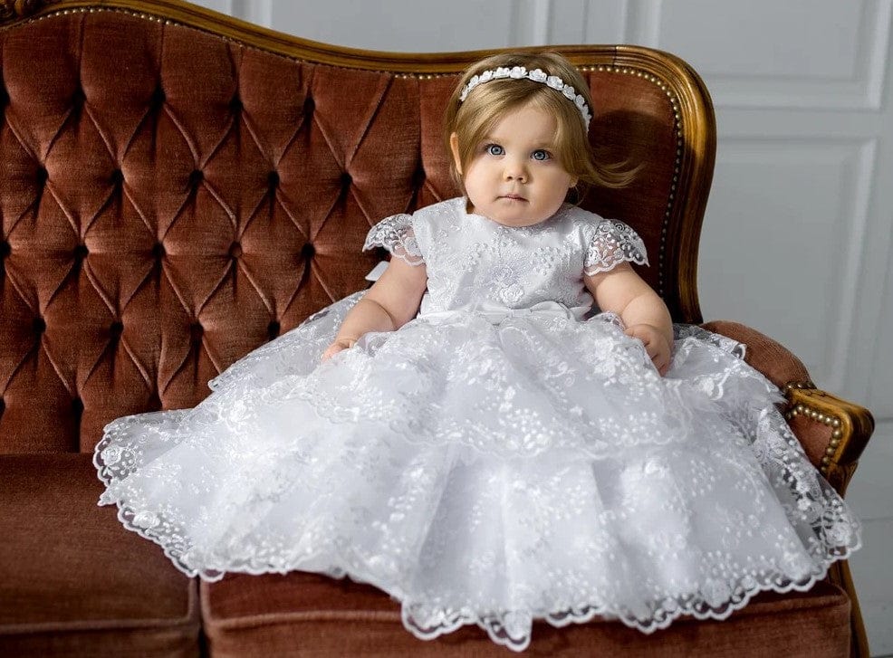 Sunnypetal White Soft Lace Layered Baby Girl Baptismal Christening Dress