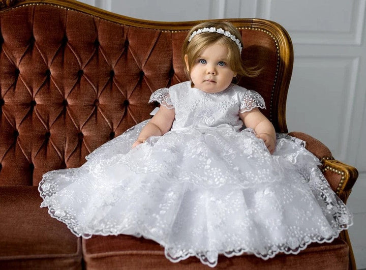 Sunnypetal White Soft Lace Layered Baby Girl Baptismal Christening Dress