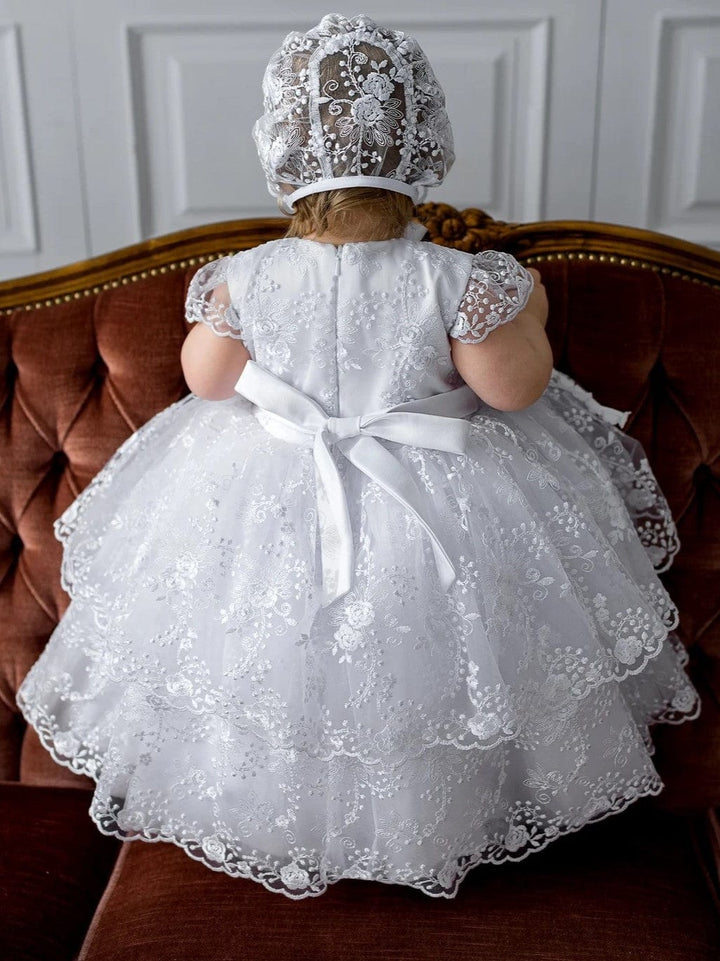 Sunnypetal White Soft Lace Layered Baby Girl Baptismal Christening Dress