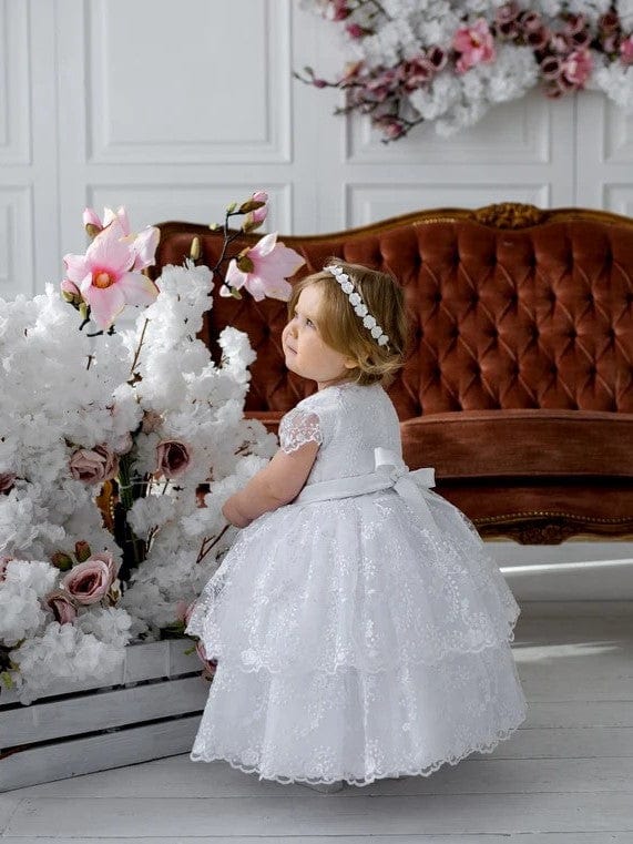 Sunnypetal White Soft Lace Layered Baby Girl Baptismal Christening Dress