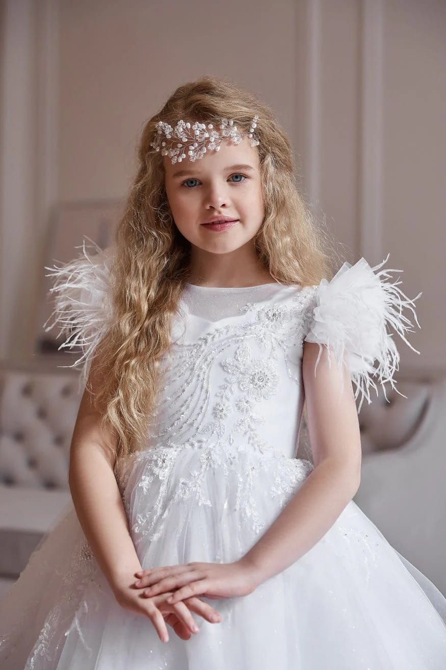 Sunnypetal White Tulle Ball Gown Flower Girl Dress with Feathered Cap Sleeves