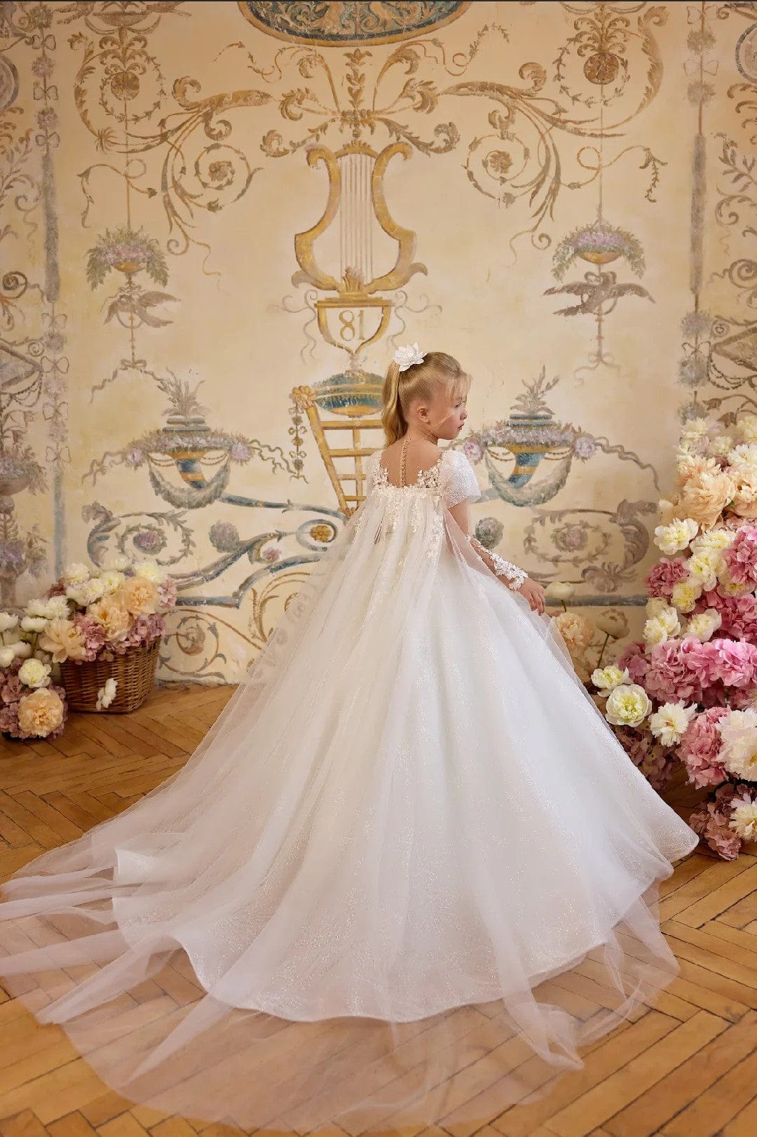 Sunnypetal White Tulle Flower Girl Dress with Floral Appliqués & Detachable Cape
