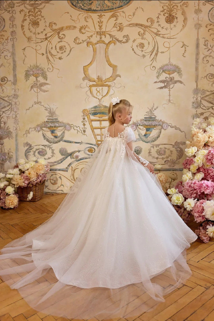 Sunnypetal White Tulle Flower Girl Dress with Floral Appliqués & Detachable Cape