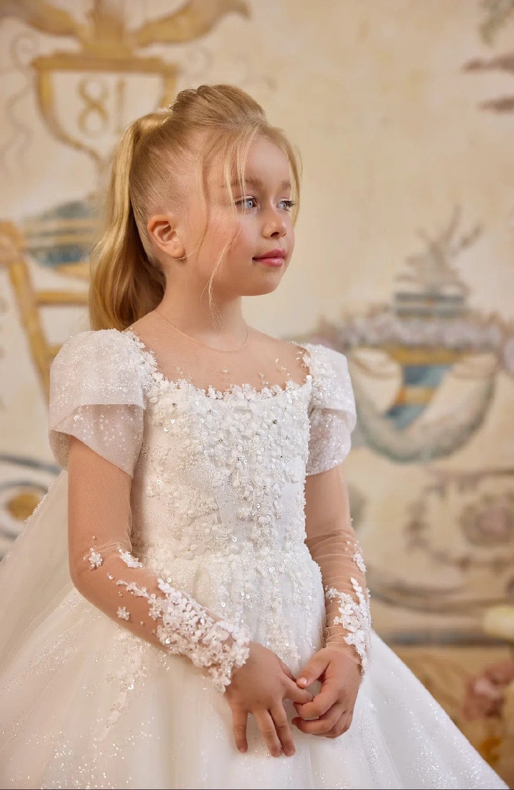 Sunnypetal White Tulle Flower Girl Dress with Floral Appliqués & Detachable Cape