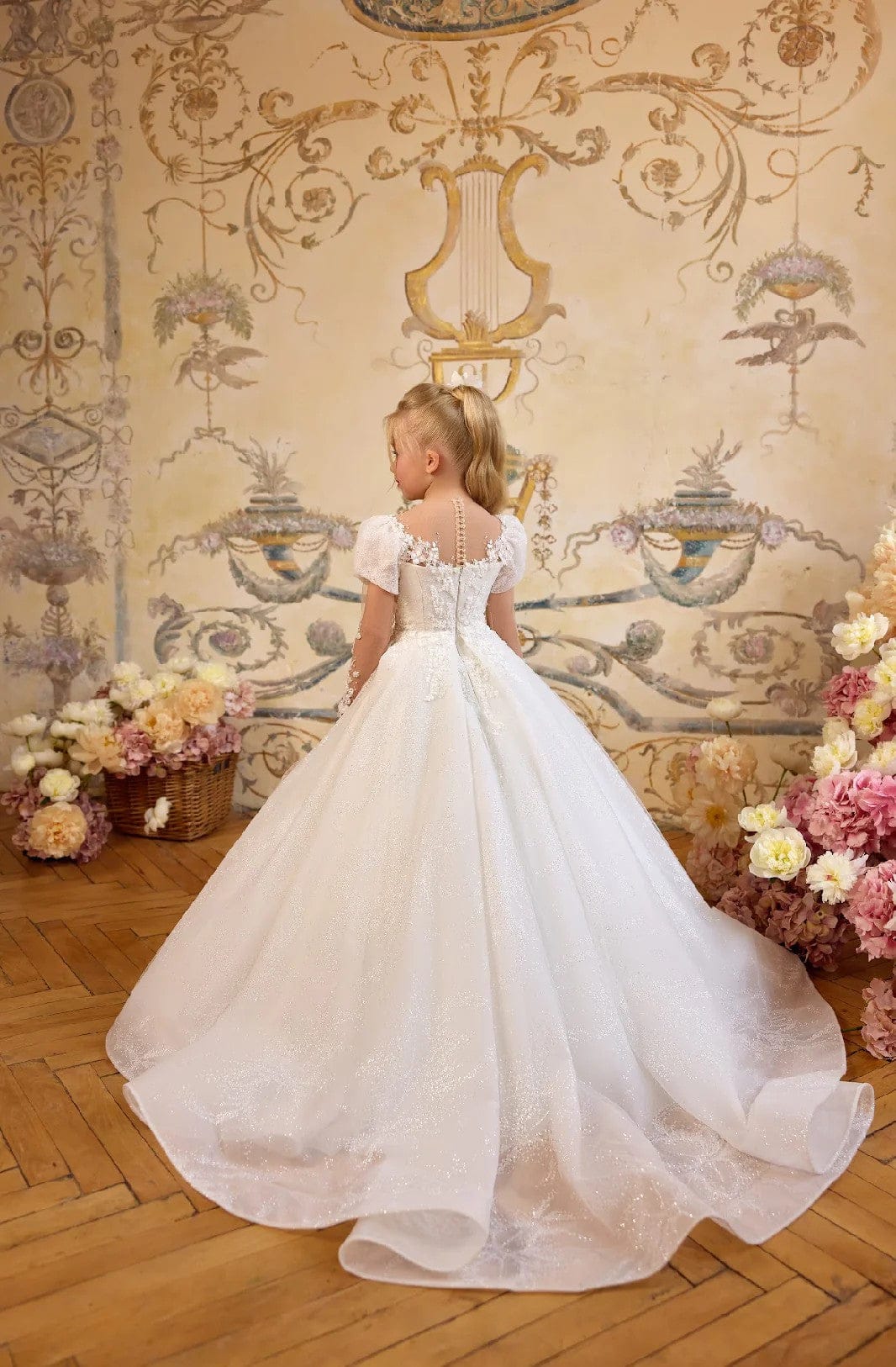 Sunnypetal White Tulle Flower Girl Dress with Floral Appliqués & Detachable Cape