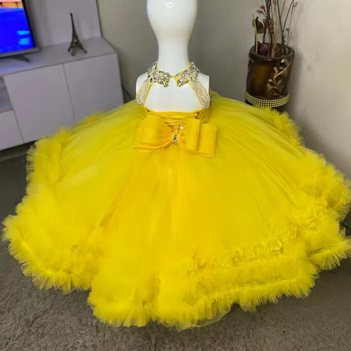 Sunnypetal Yellow Kids Birthday Prom Gown High Neck Beading Flower Girl Dresses