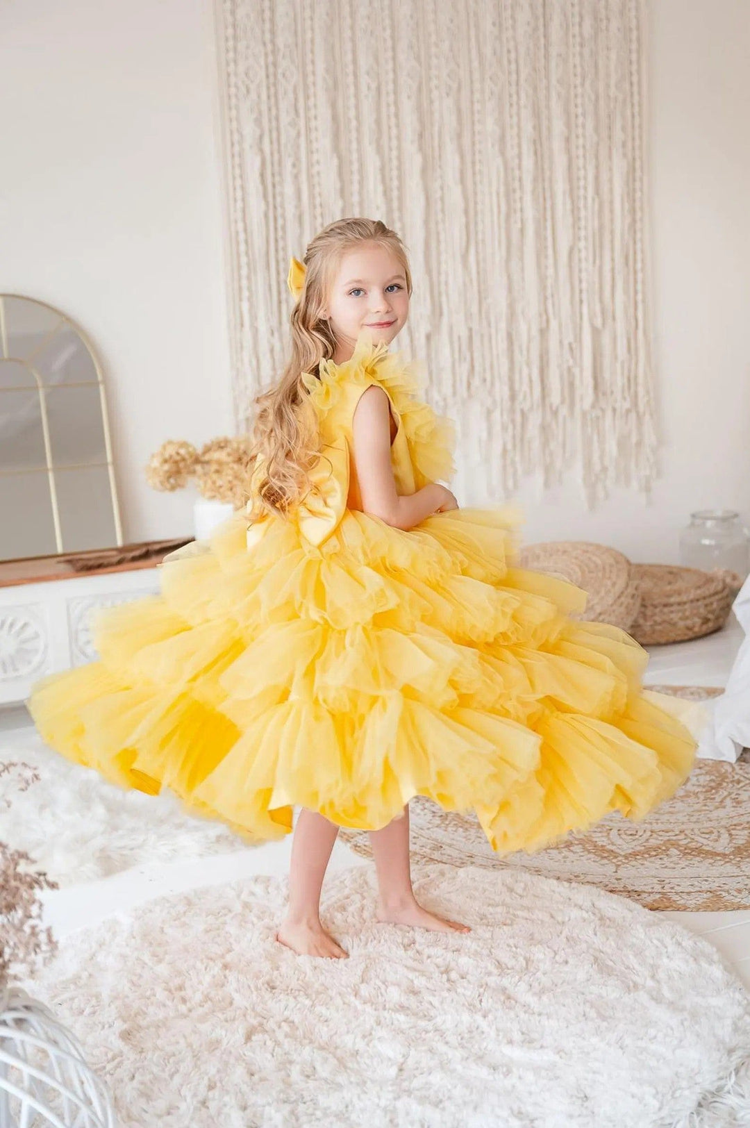 Sunnypetal Yellow Layered Tulle Flower Girl Dress with V-Neck Ruffles and Bow Back