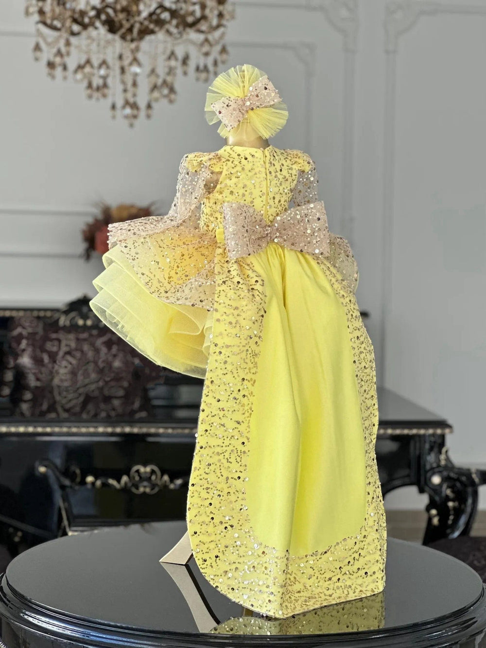 Sunnypetal Yellow Long Sleeves Sequin Tulle Party Dress for Girls with Removable Tail