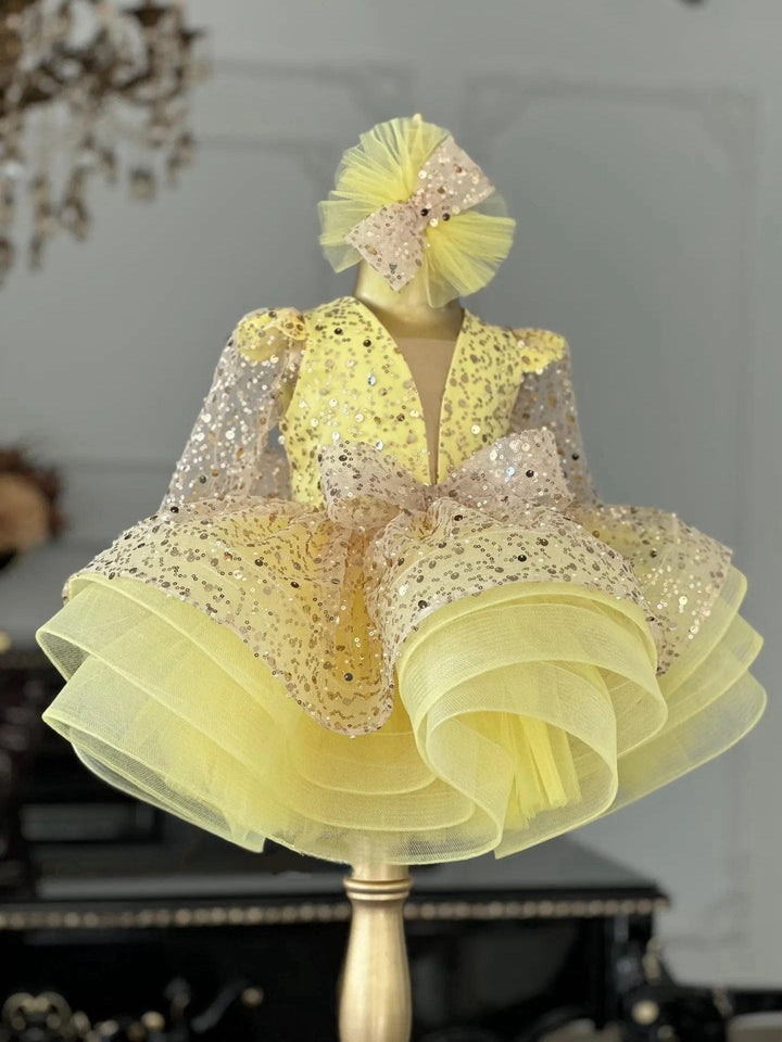 Sunnypetal Yellow Long Sleeves Sequin Tulle Party Dress for Girls with Removable Tail