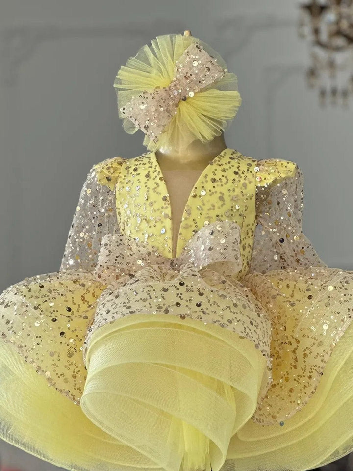 Sunnypetal Yellow Long Sleeves Sequin Tulle Party Dress for Girls with Removable Tail