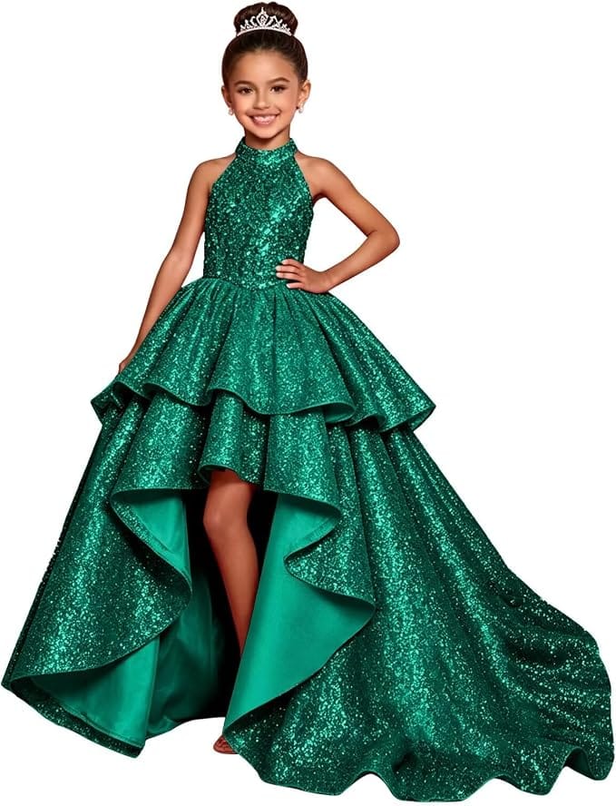 Teal / 18m Sunnypetal Sparkly Sequin Halter High Low Flower Girl Dress Pageant Gown