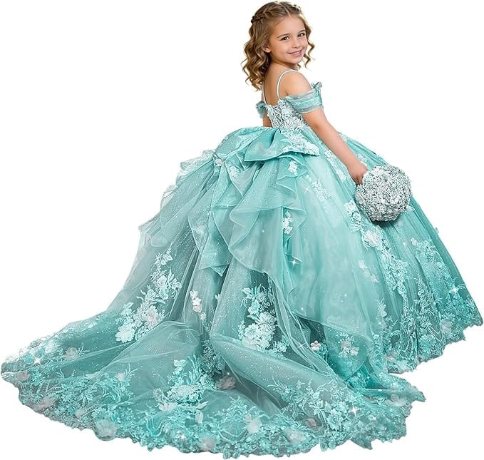 Tiffany Blue / 18m Sunnypetal Exquisite 3D Floral Lace Applique Ruffle Tulle Flower Girl Ball Gown with Bow