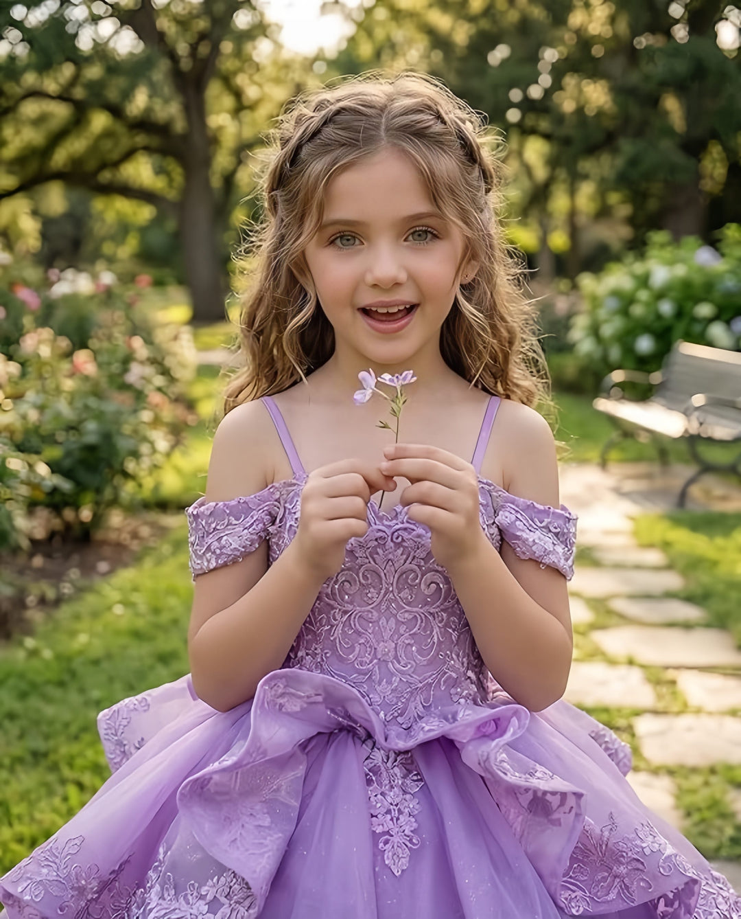 TinyTulle Elegant Lace Appliqué Layered Tulle Pageant Flower Girl Ball Gown with Bow