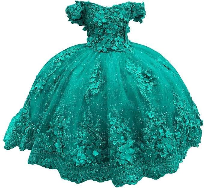 Turquoise / 18m Sunnypetal Enchanted Ice Blue Tulle Ball Gown Flower Girl Dress with 3D Floral Appliqués