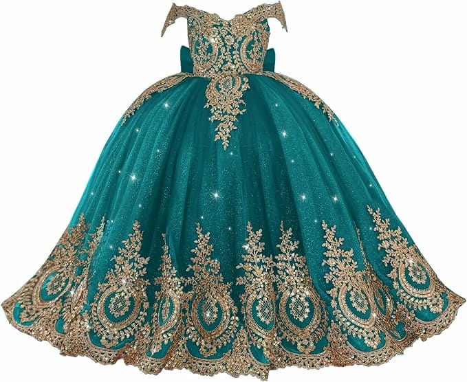 Turquoise / 18m Sunnypetal Exquisite Gold Appliqué Off-Shoulder Princess Flower Girl Dress with Bow
