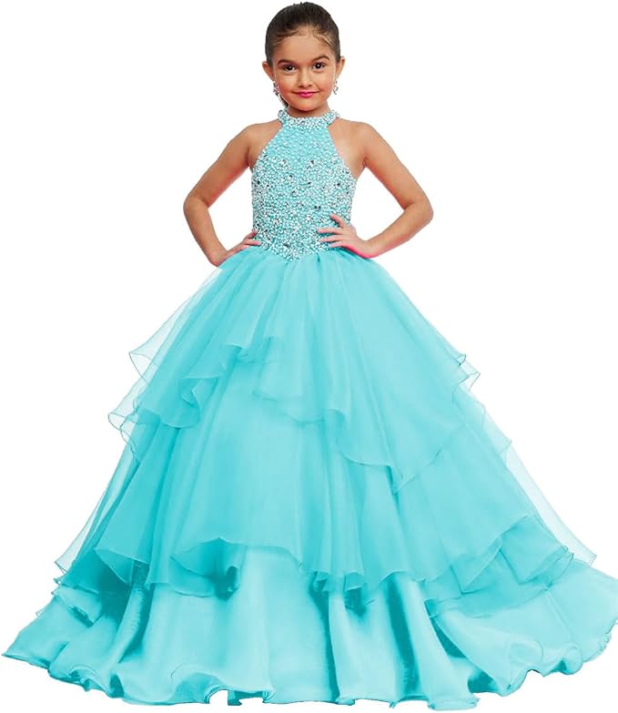 Turquoise / 18m Sunnypetal Layered Organza Princess Ball Gown Flower Girl Dress for Pageant &amp; Party