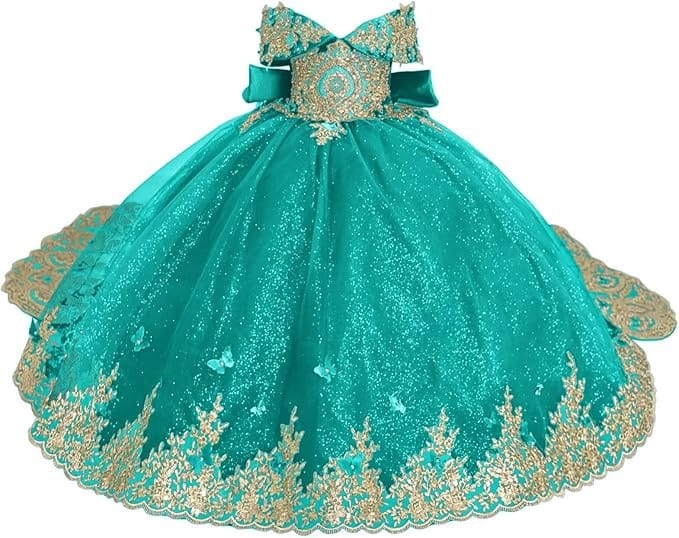 Sunnypetal Luxury Emerald Green Lace Appliqué Tulle Ball Gown Flower Girl Dress with Royal Train
